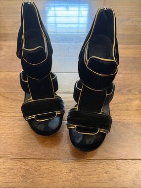 Tory Burch Black Platform Velvet Heels with Gold Piping